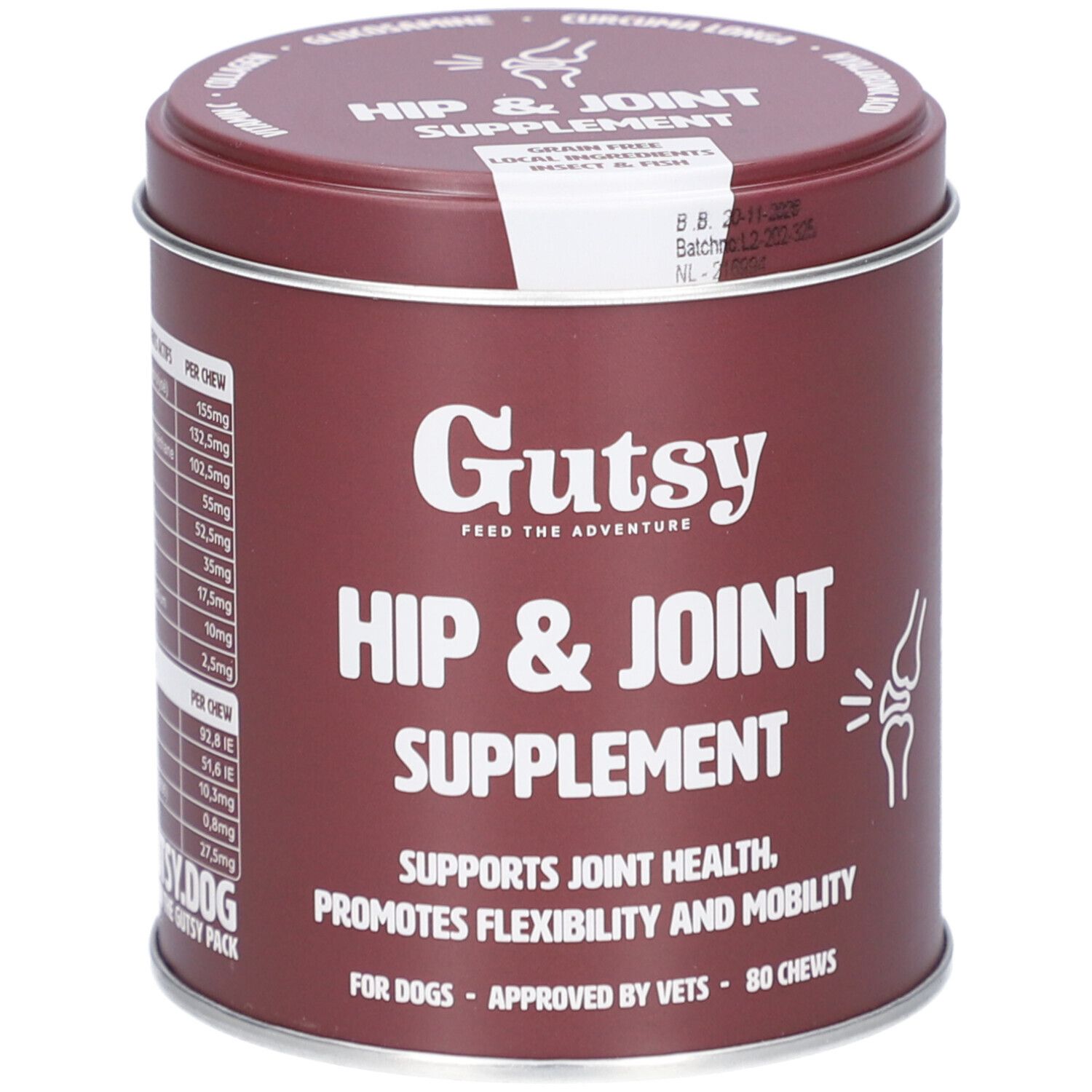 Boîte marron 'Gutsy Hip & Joint Supplement'. Contient 80 friandises à mâcher. Soutient la santé articulaire et la mobilité.