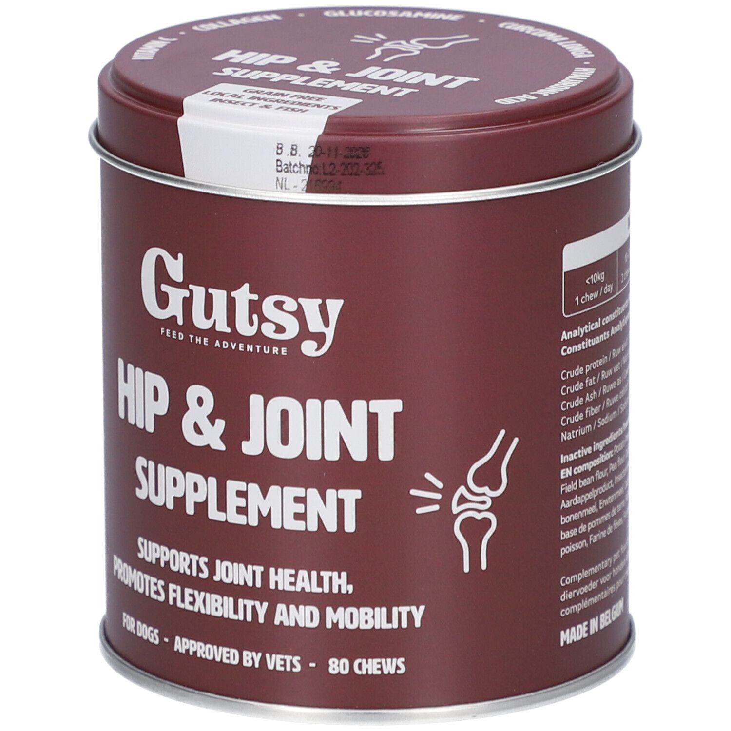 Boîte marron 'Gutsy Hip & Joint Supplement'. Contient 80 friandises à mâcher. Soutient la santé articulaire et la mobilité.