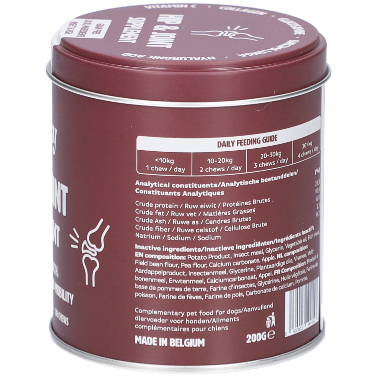 Boîte marron avec ingrédients et recommandations d'alimentation. Contient collagène, glucosamine, MSM. Avec indication 200g.
