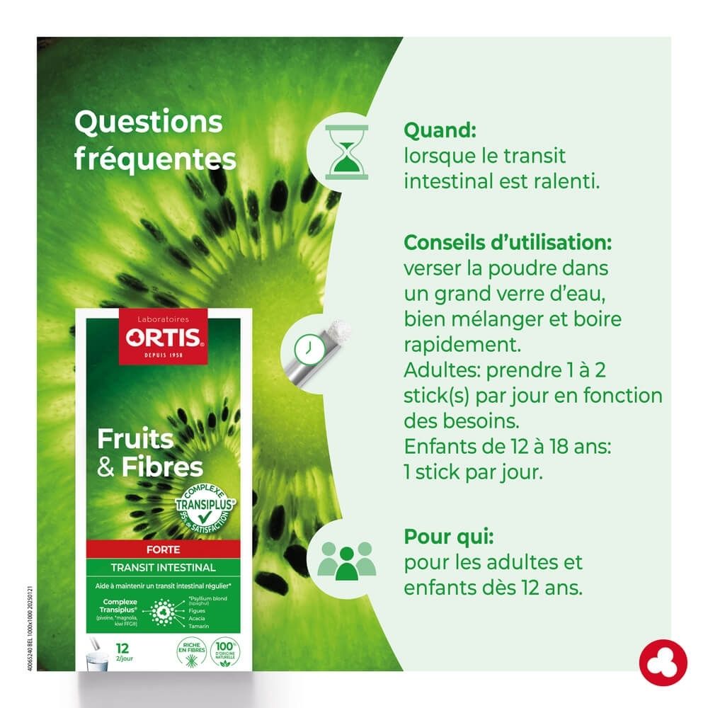 Ortis Fruits & Fibres Forte: Emballage avec motif kiwi, 12 sachets, pour transit intestinal.