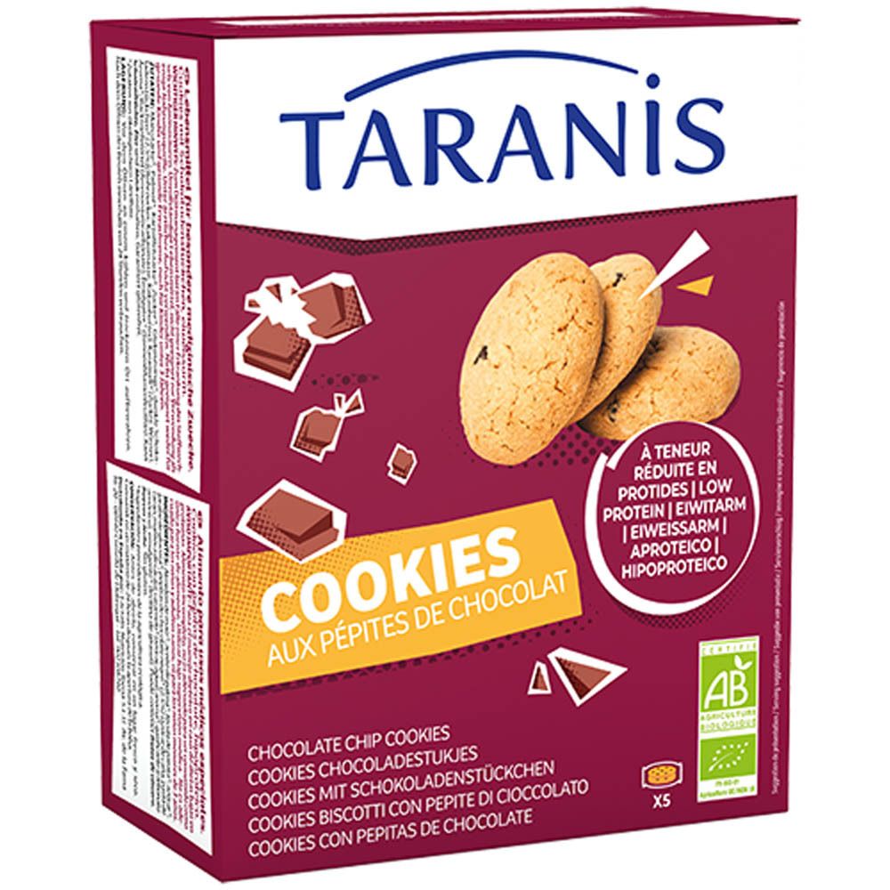 Boîte de cookies Taranis aux pépites de chocolat. Label AB. Visuel de cookies.