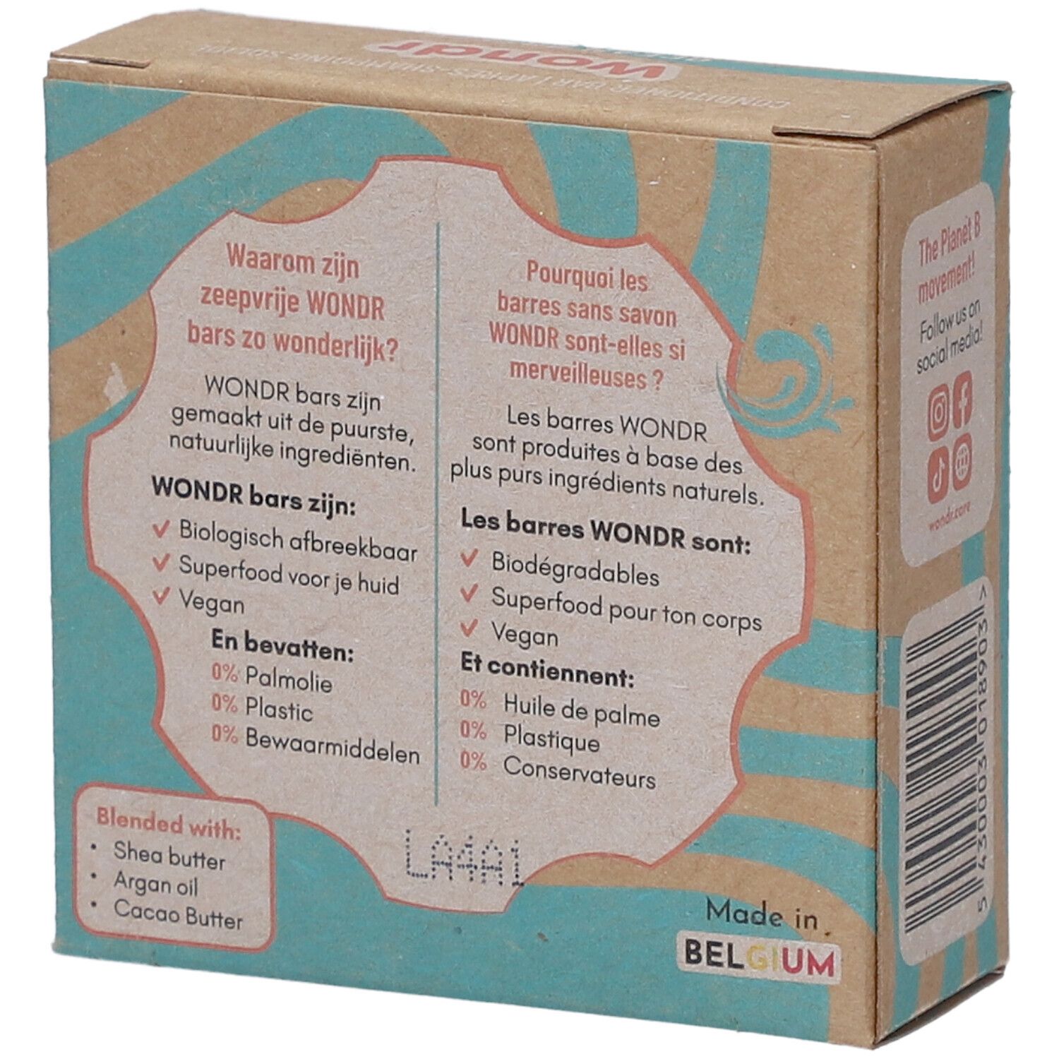 Boîte en carton. Texte en allemand et français. Informations sur les ingrédients et les bienfaits des savons.