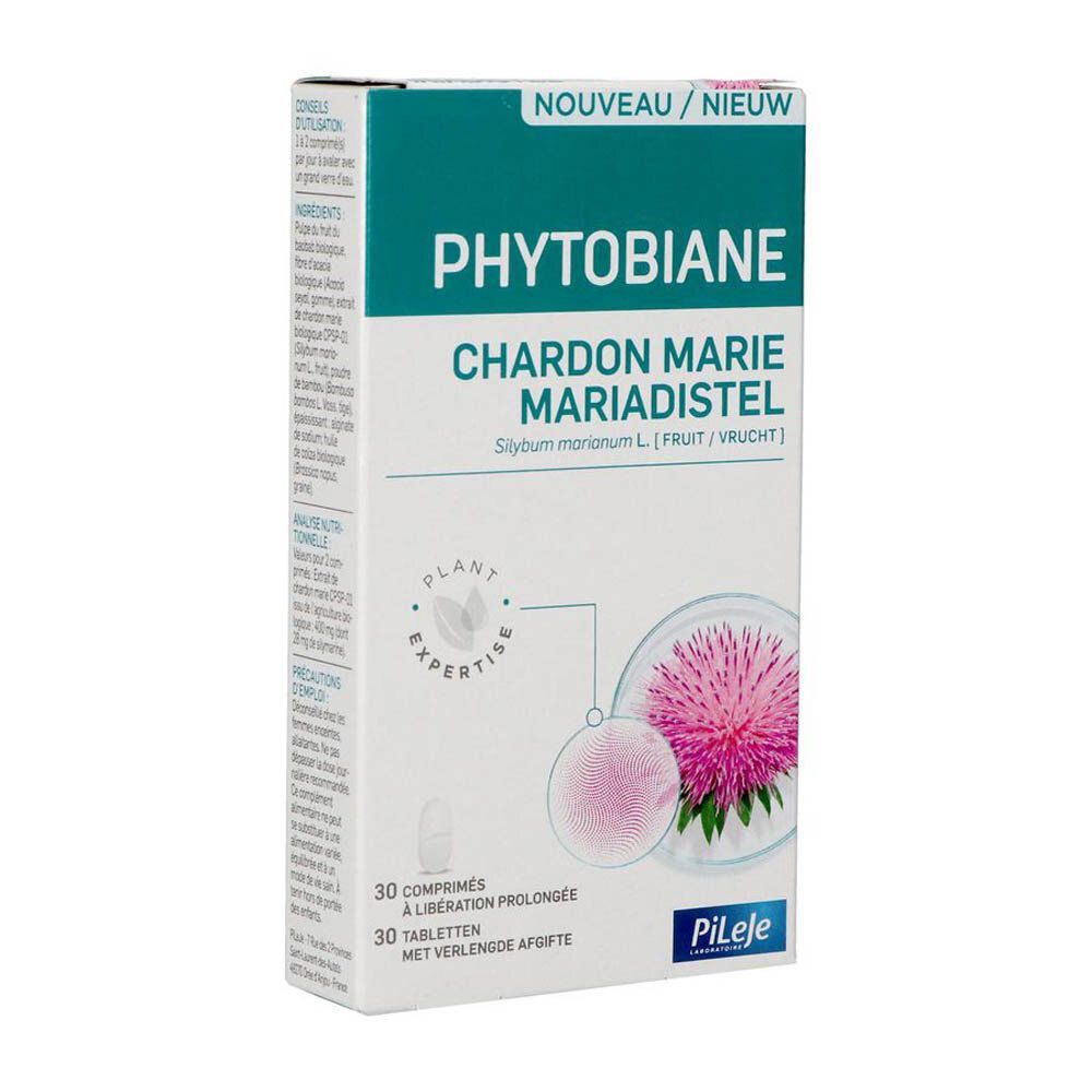 Boîte Phytobiane Chardon Marie Mariadistel. 30 comprimés à libération prolongée. Logo expertise végétale. PiLeJe.