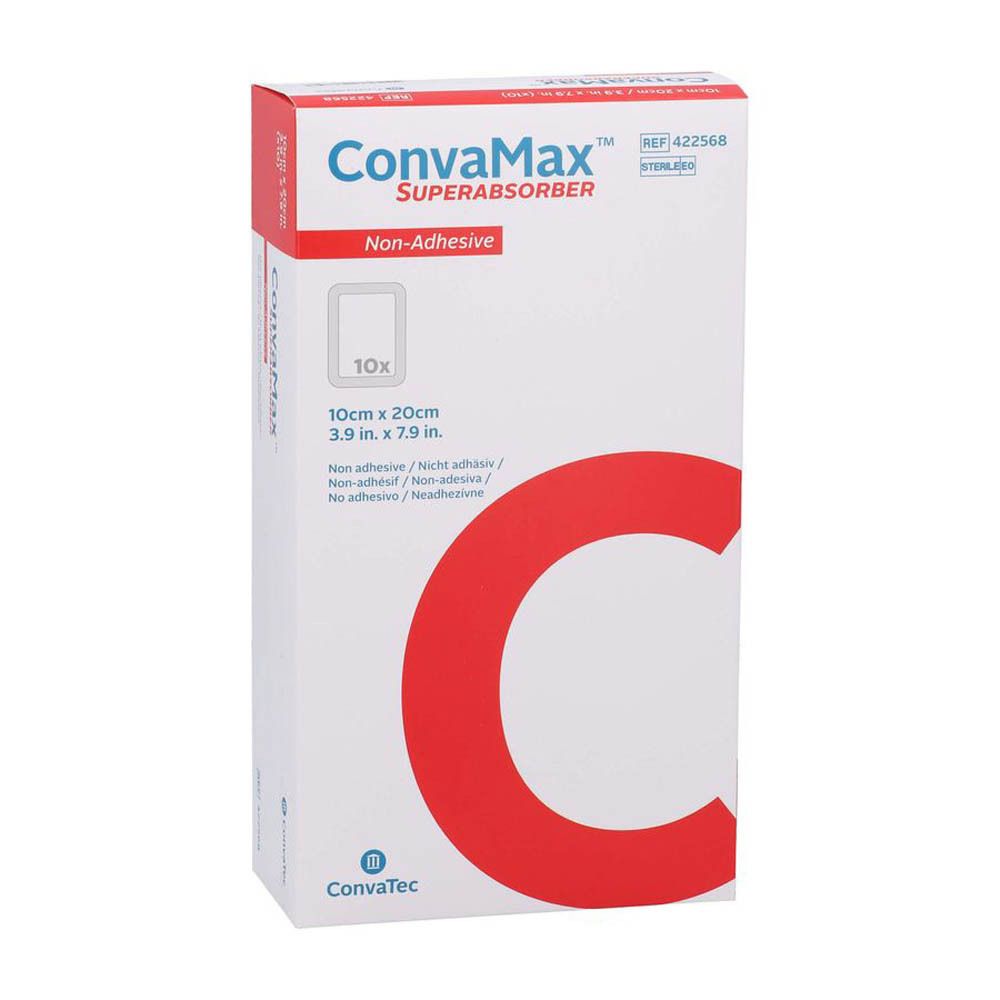 Boîte ConvaMax Superabsorber non adhésif 10 x 20 cm. Blanche avec un C rouge et informations produit.