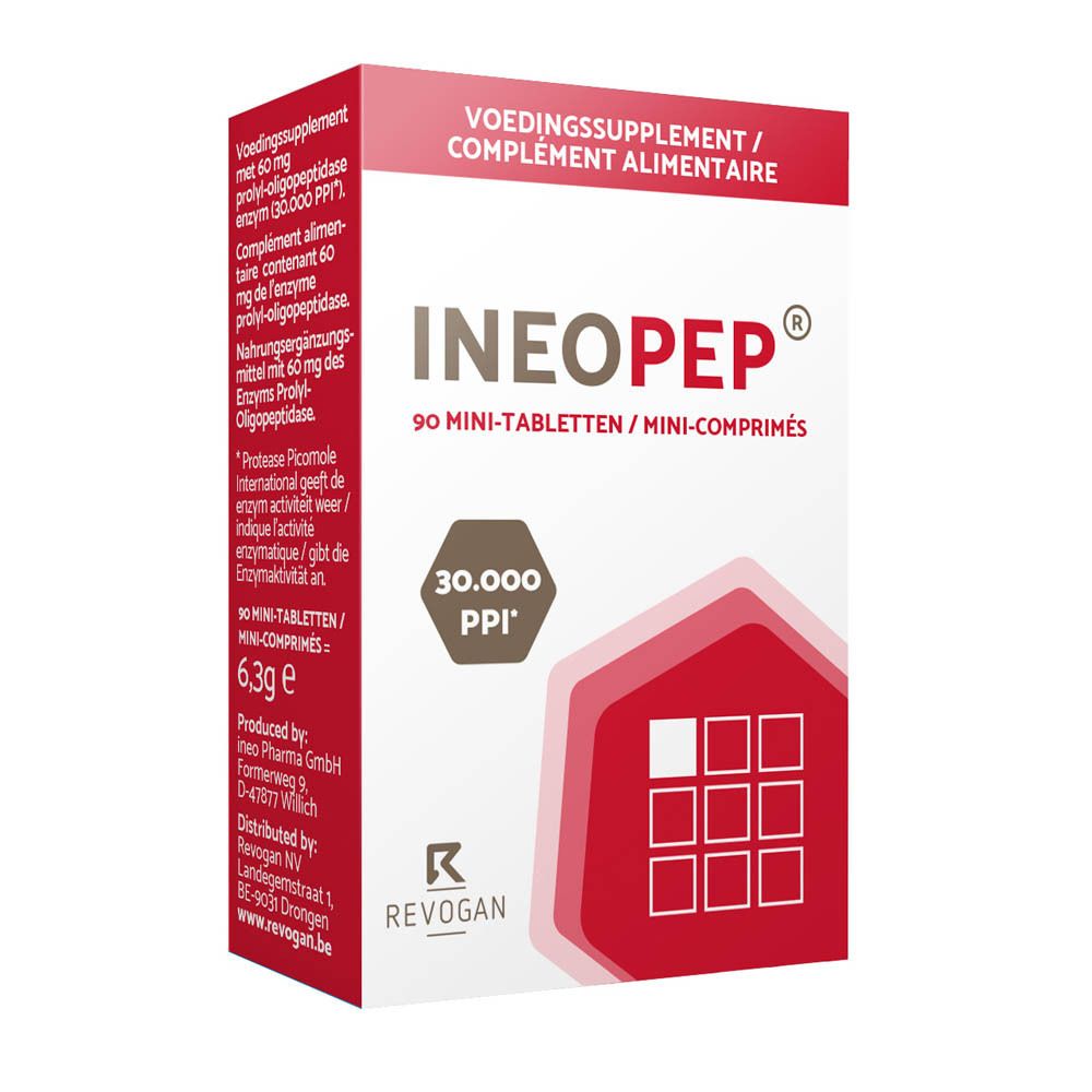 Boîte Ineopep®, emballage rouge. Contient 90 mini-comprimés. Inscription : 30 000 PPI.