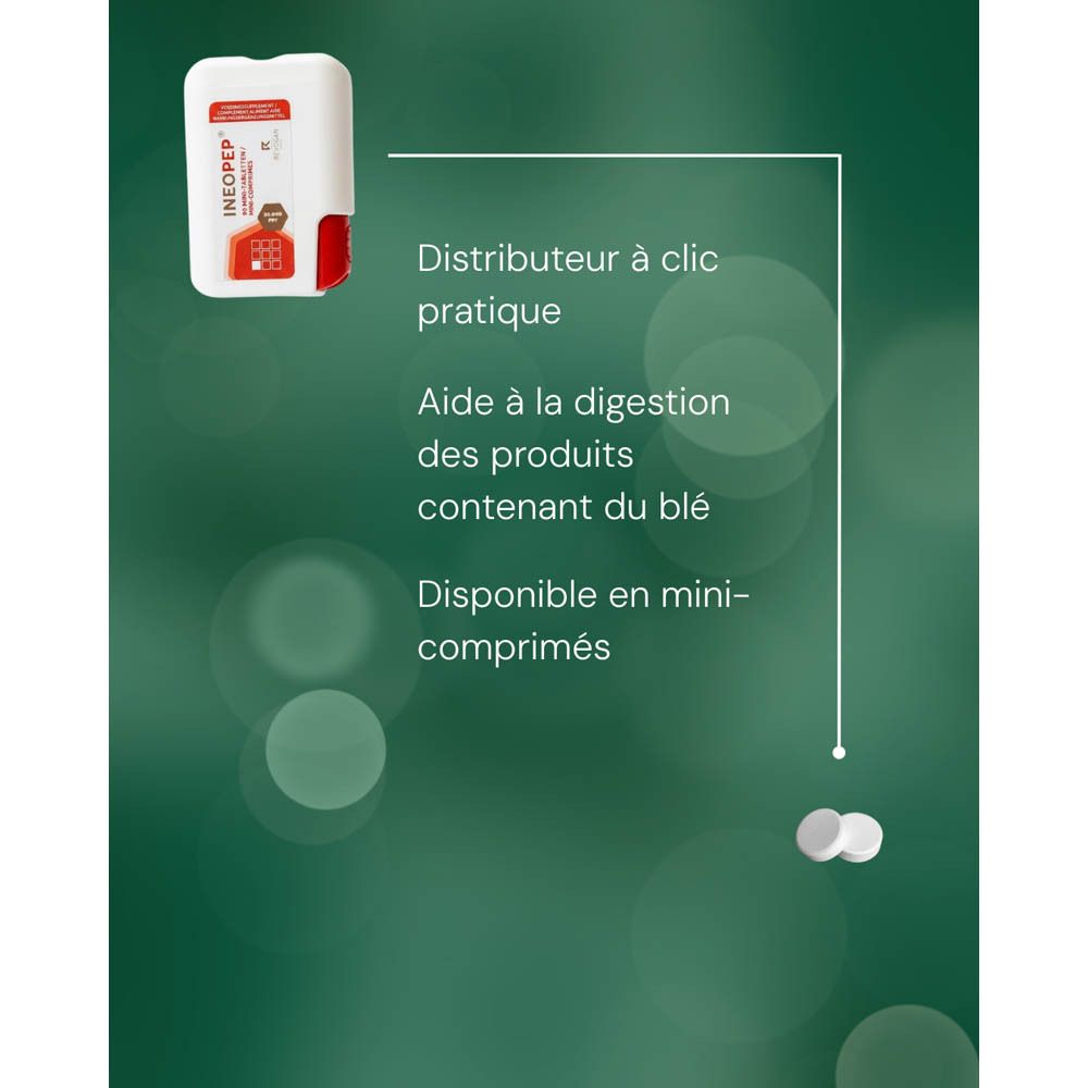 Boîte Ineopep®, emballage rouge. Contient 90 mini-comprimés. Inscription : 30 000 PPI. 6,3g.