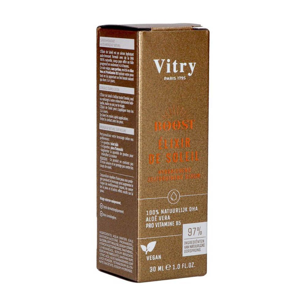Sérum Vitry Boost Elixir Soleil dans un flacon blanc avec bouchon compte-gouttes. 30 ml.