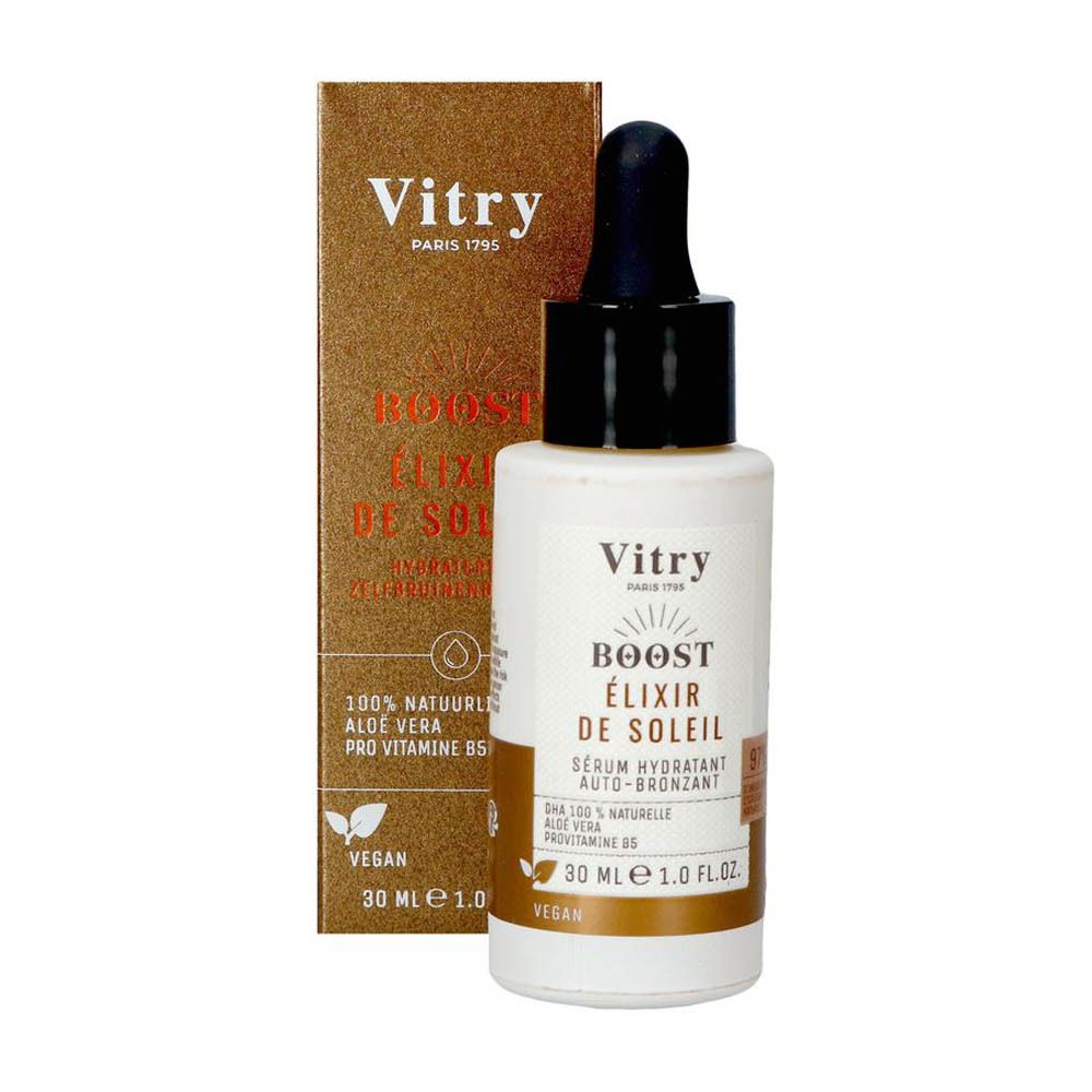 Sérum Vitry Boost Elixir Soleil, verso avec instructions d'utilisation. 30 ml.