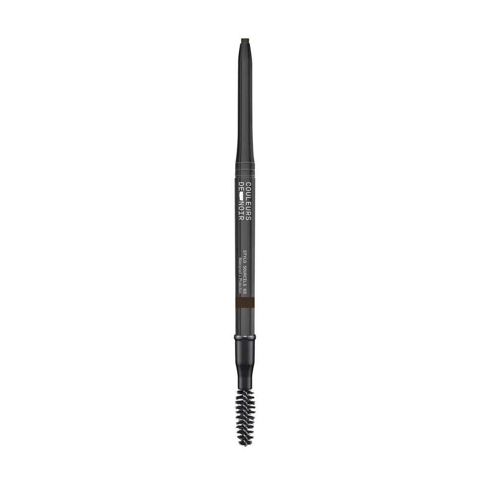 Crayon à sourcils avec brosse. Crayon noir avec mine marron et brosse à l'autre extrémité.
