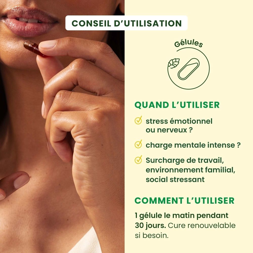Une femme prend une capsule rouge. "CONSEIL D'UTILISATION" explique comment l'utiliser.