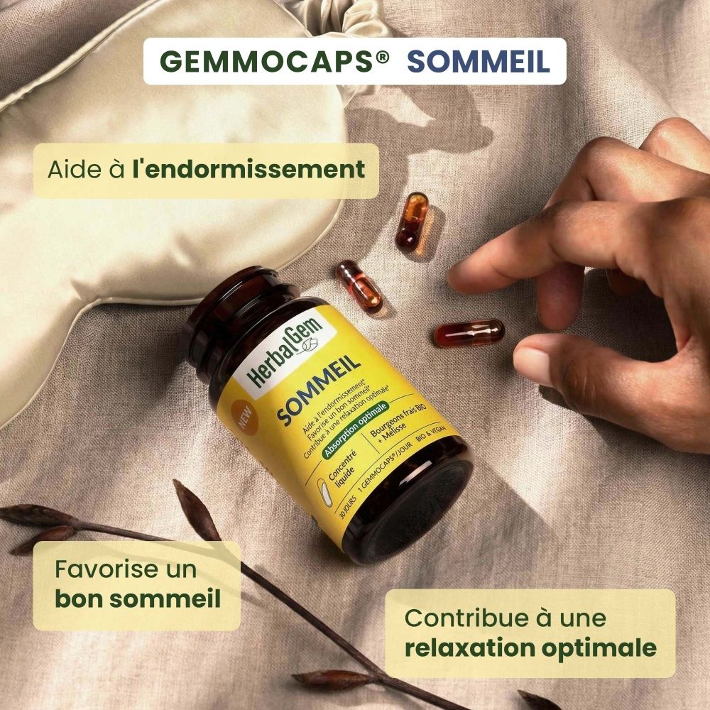 Flacon brun avec bouchon noir, une capsule à côté. Étiquette "SOMMEIL".