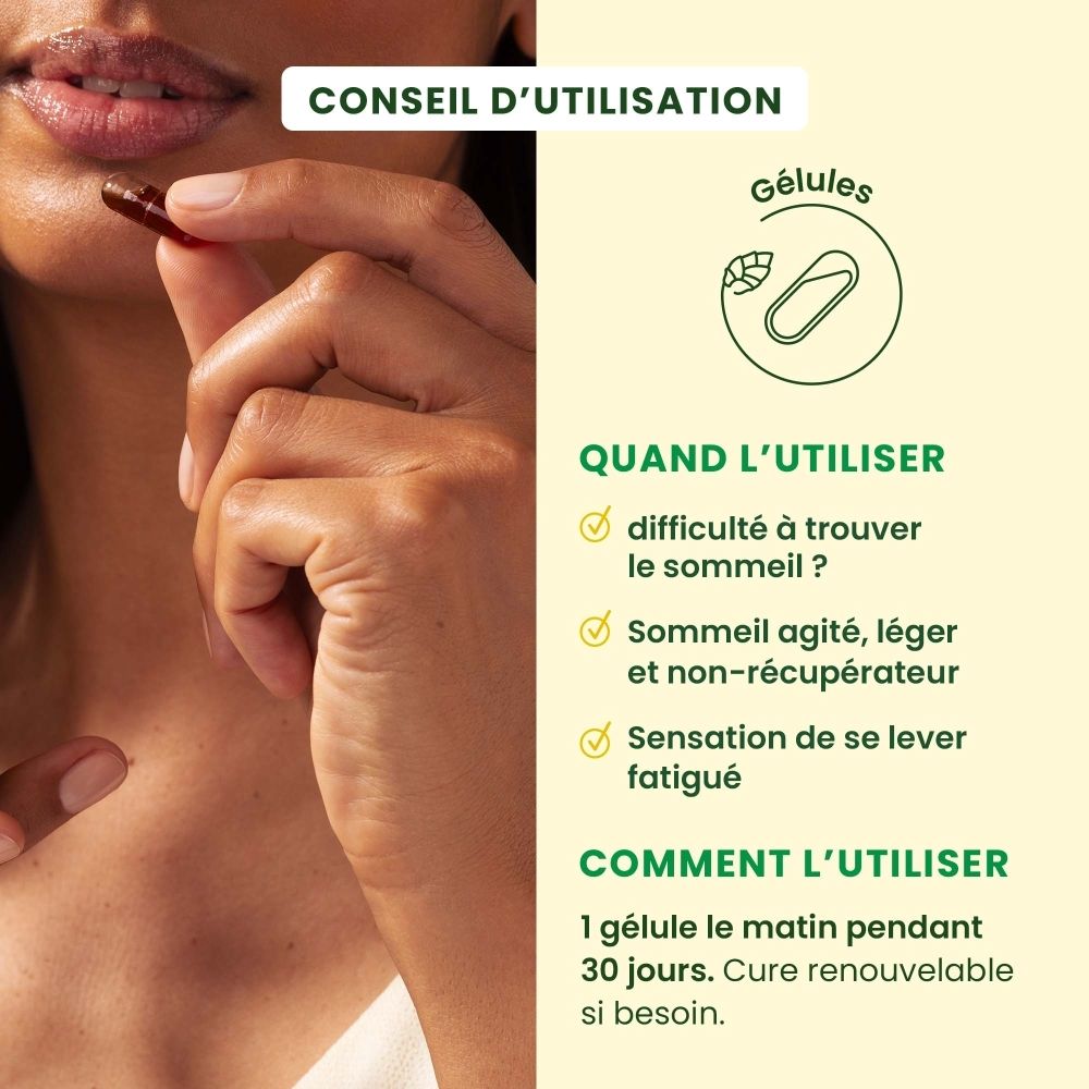 Flacon brun avec bouchon noir, une capsule à côté. Étiquette "SOMMEIL".