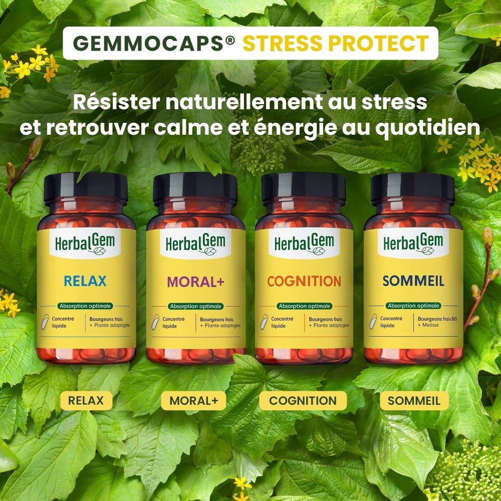 Flacon brun avec bouchon noir, une capsule à côté. Étiquette "SOMMEIL".