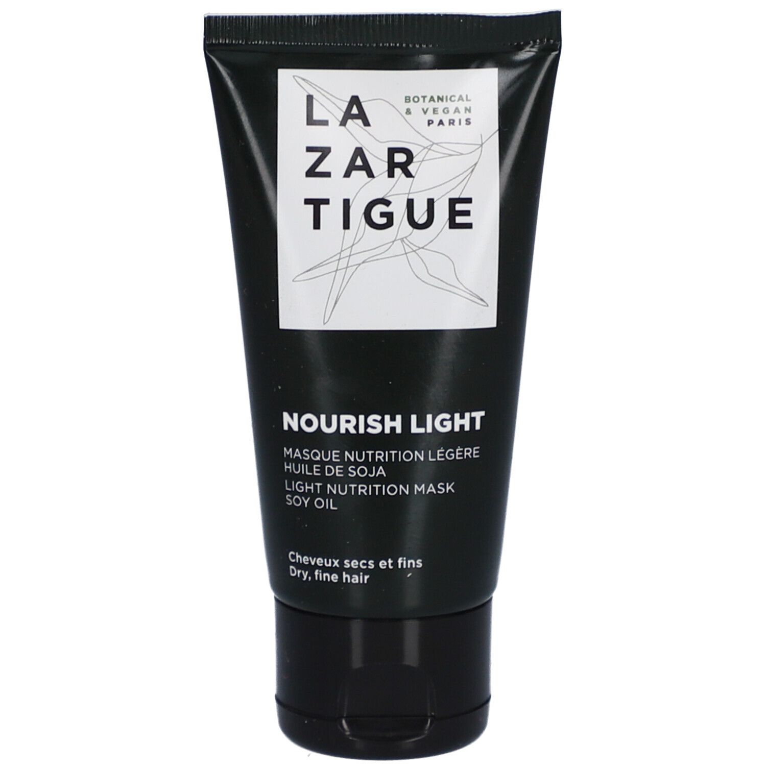 Tube noir avec étiquette blanche. Inscription: Lazartigue, Nourish Light, Light Nutrition Mask. Pour cheveux secs et fins.