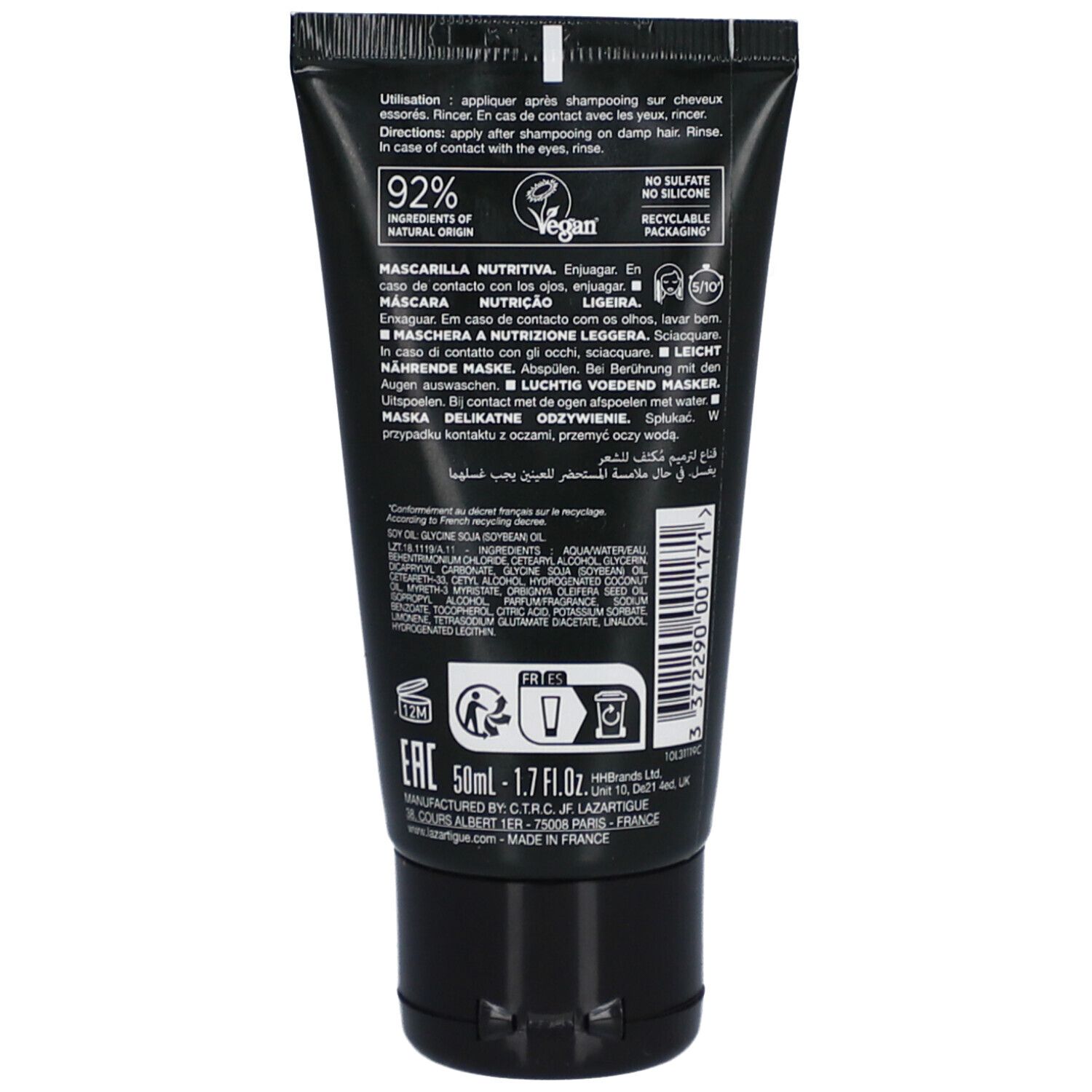 Dos du tube noir. Texte: 92% ingrédients d'origine naturelle, Vegan, recyclable. Contient instructions et ingrédients.