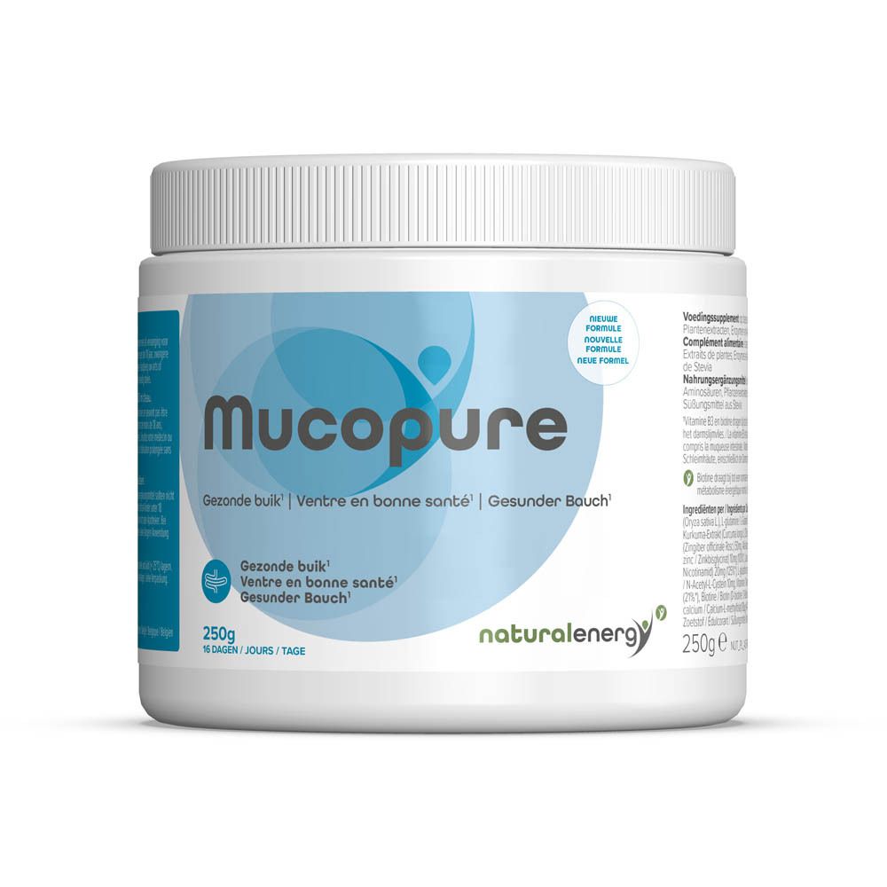 Pot blanc avec étiquette bleue. Inscription Mucopure, Natural Energy. 250g. Texte en allemand, français, néerlandais.
