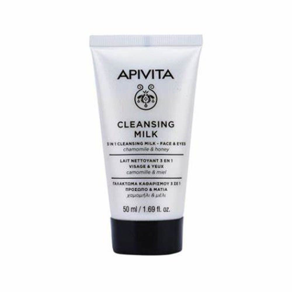 Tube blanc avec bouchon noir. Inscription: Apivita, Cleansing Milk. Texte en anglais, grec et français. 50 ml.