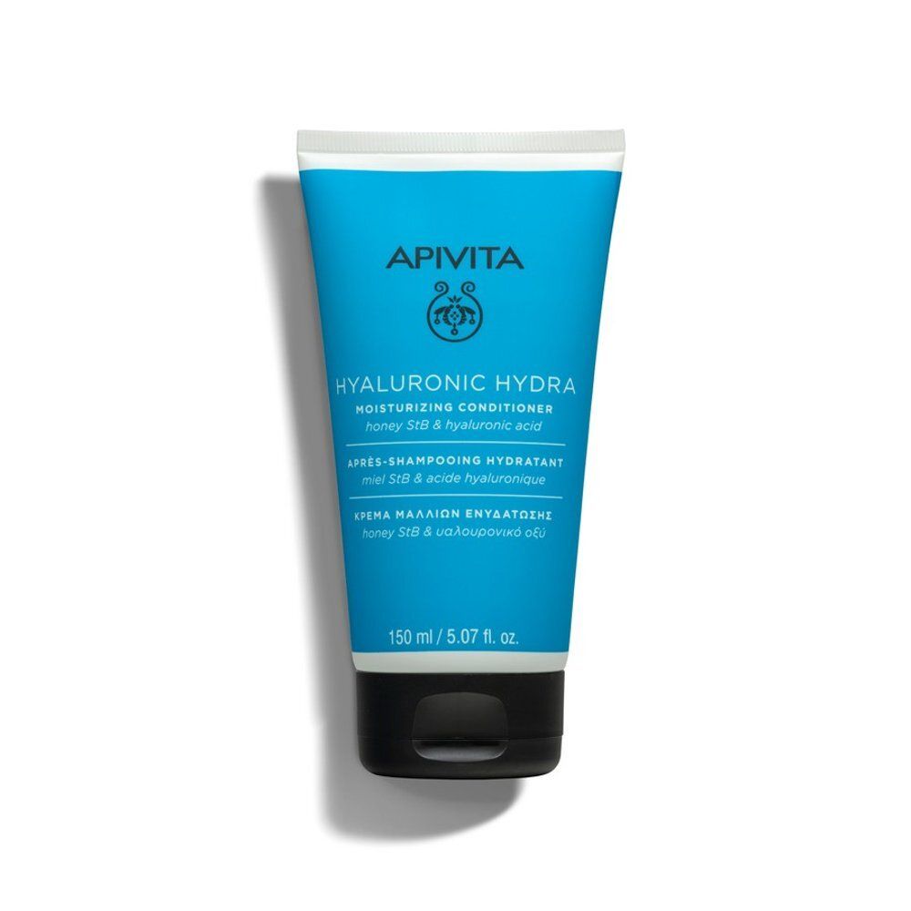 Tube bleu et blanc. Inscription : APIVITA, HYALURONIC HYDRA, Après-Shampooing Hydratant. Bouchon noir. Nom du produit et ingrédients.