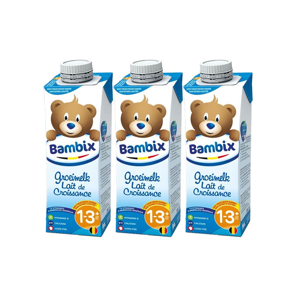 Trois boissons lactées en emballage carton. Inscription: Bambix, Lait de croissance 1-3+ ans, 12 vitamines et minéraux, vitamine D, calcium.