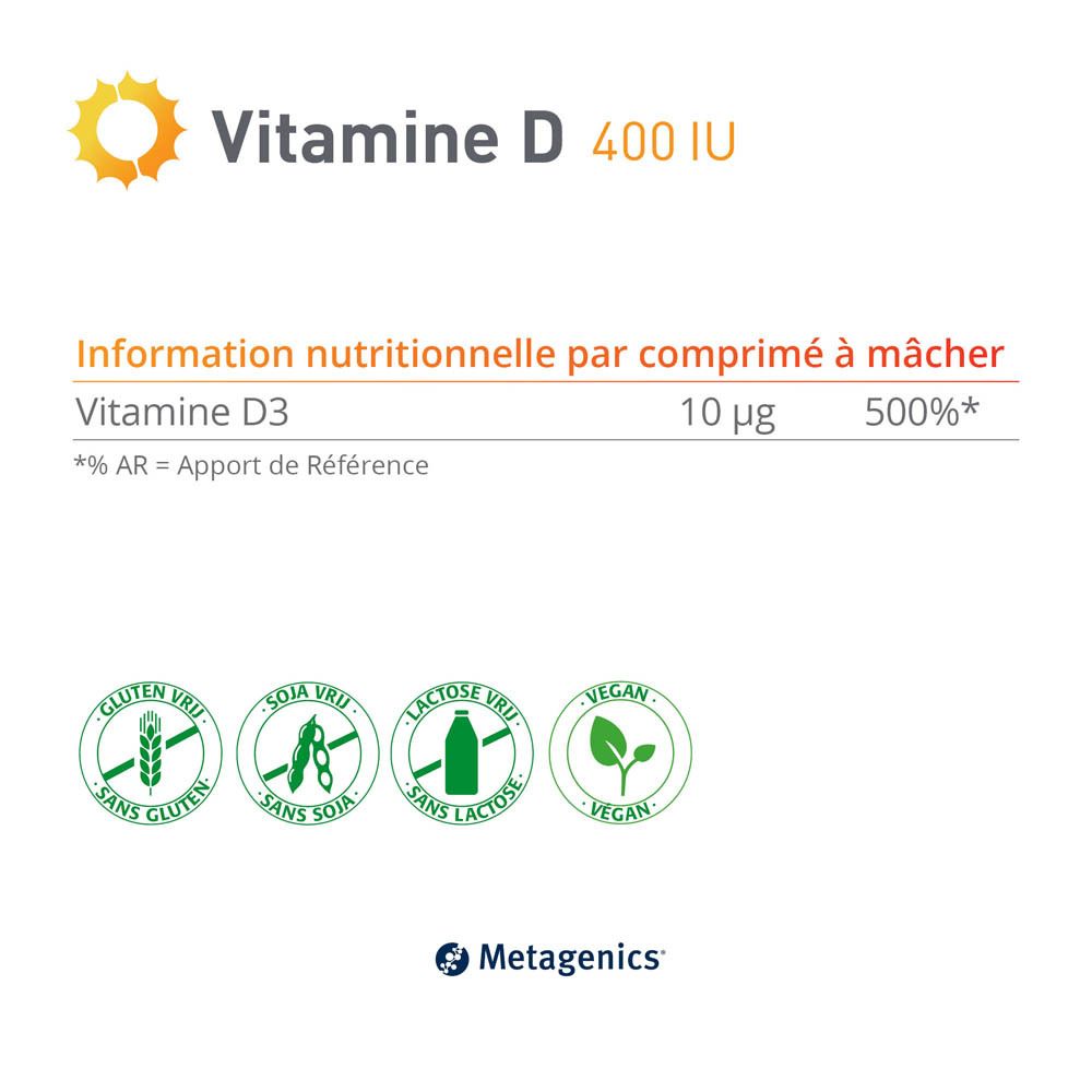 Trois enfants courent dans un parc. Une boîte de Vitamine D 400 UI est dans l'image.