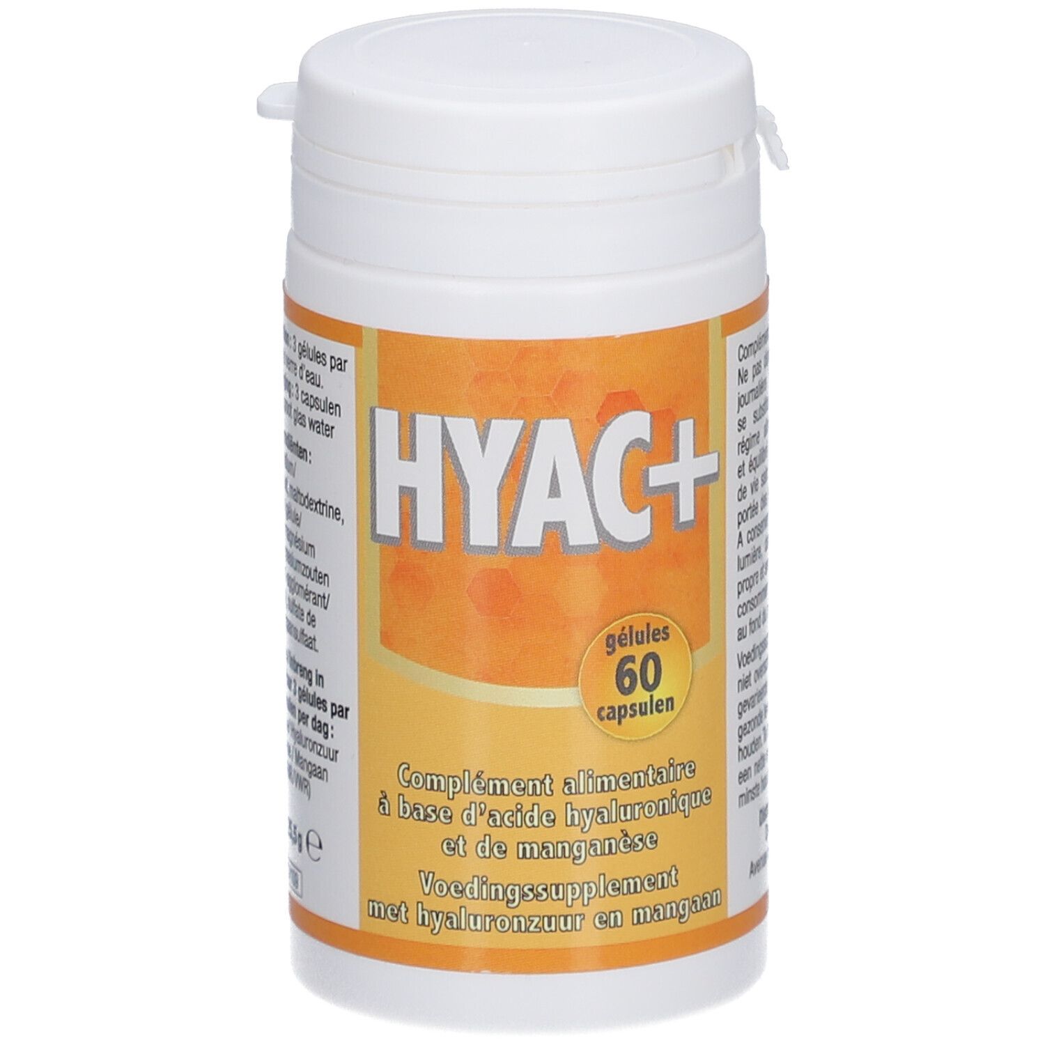 Flacon cylindrique blanc avec couvercle. Étiquette avec "HYAC+" et texte multilingue. Contient 60 gélules.