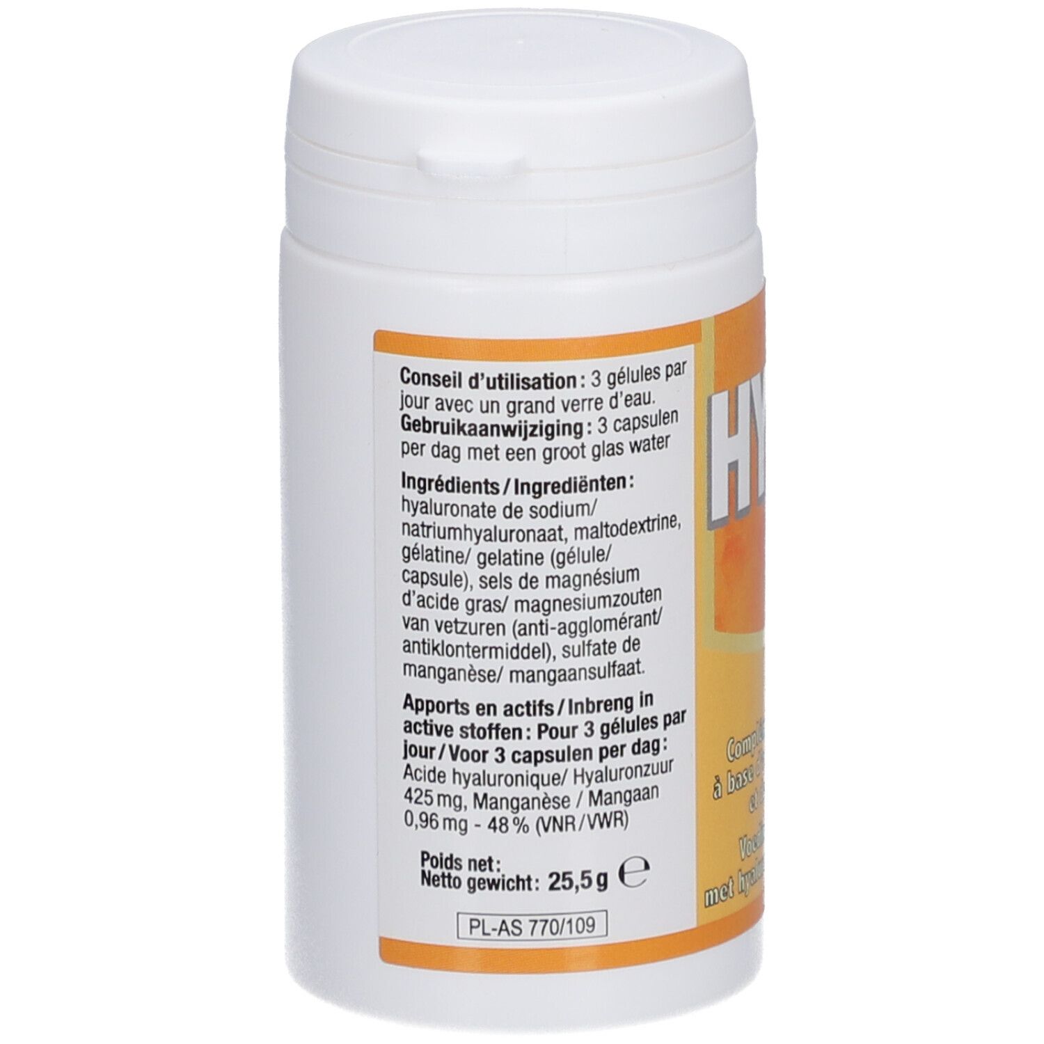 Dos d'un flacon blanc. Contient du texte multilingue, y compris les ingrédients et les instructions de dosage. Poids : 25,5 g.