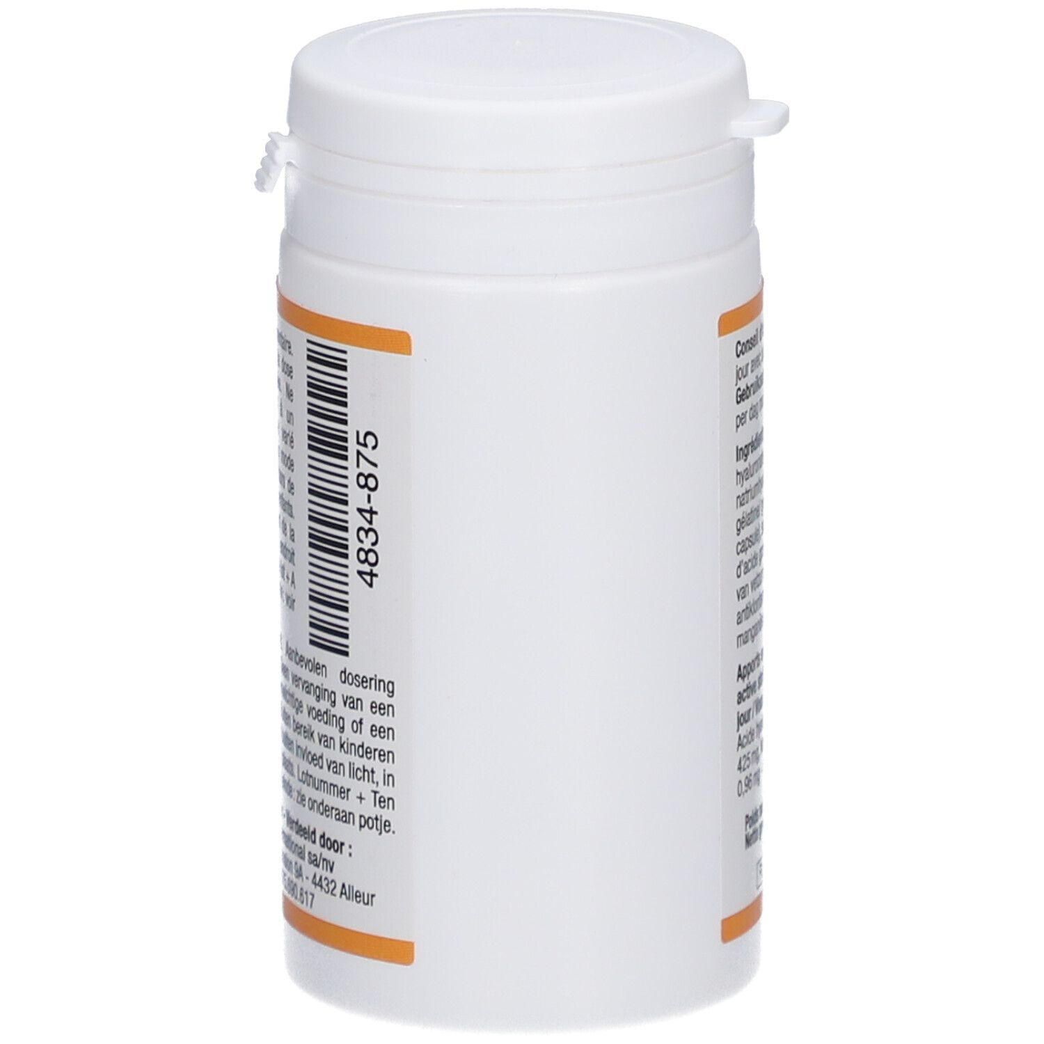 Flacon cylindrique blanc avec couvercle. Une étiquette sur le côté avec du texte et un numéro de série.