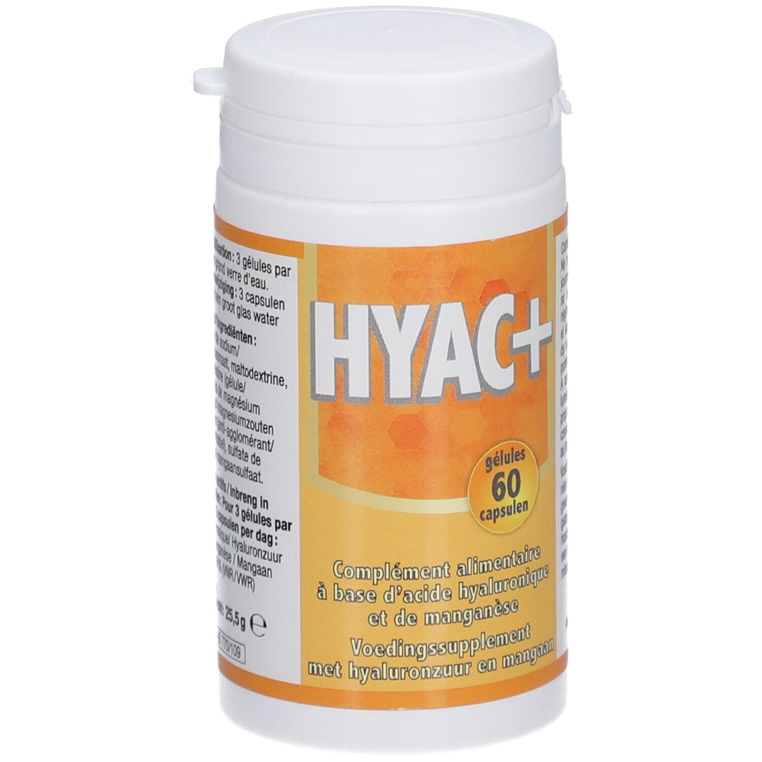 Flacon cylindrique blanc avec couvercle. Étiquette avec "HYAC+" et texte multilingue. Contient 60 gélules.