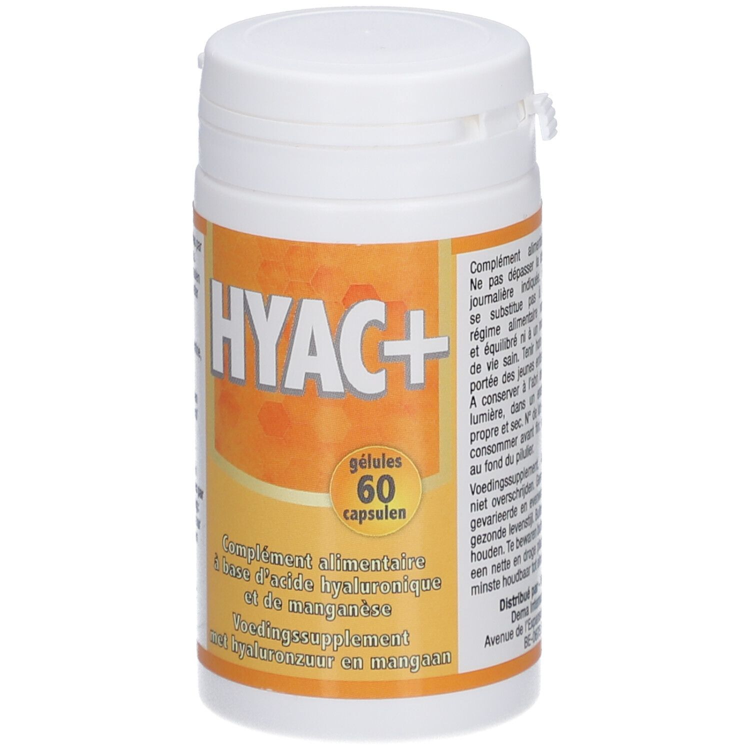 Flacon cylindrique blanc avec couvercle. Étiquette avec "HYAC+" et texte multilingue. Contient 60 gélules.