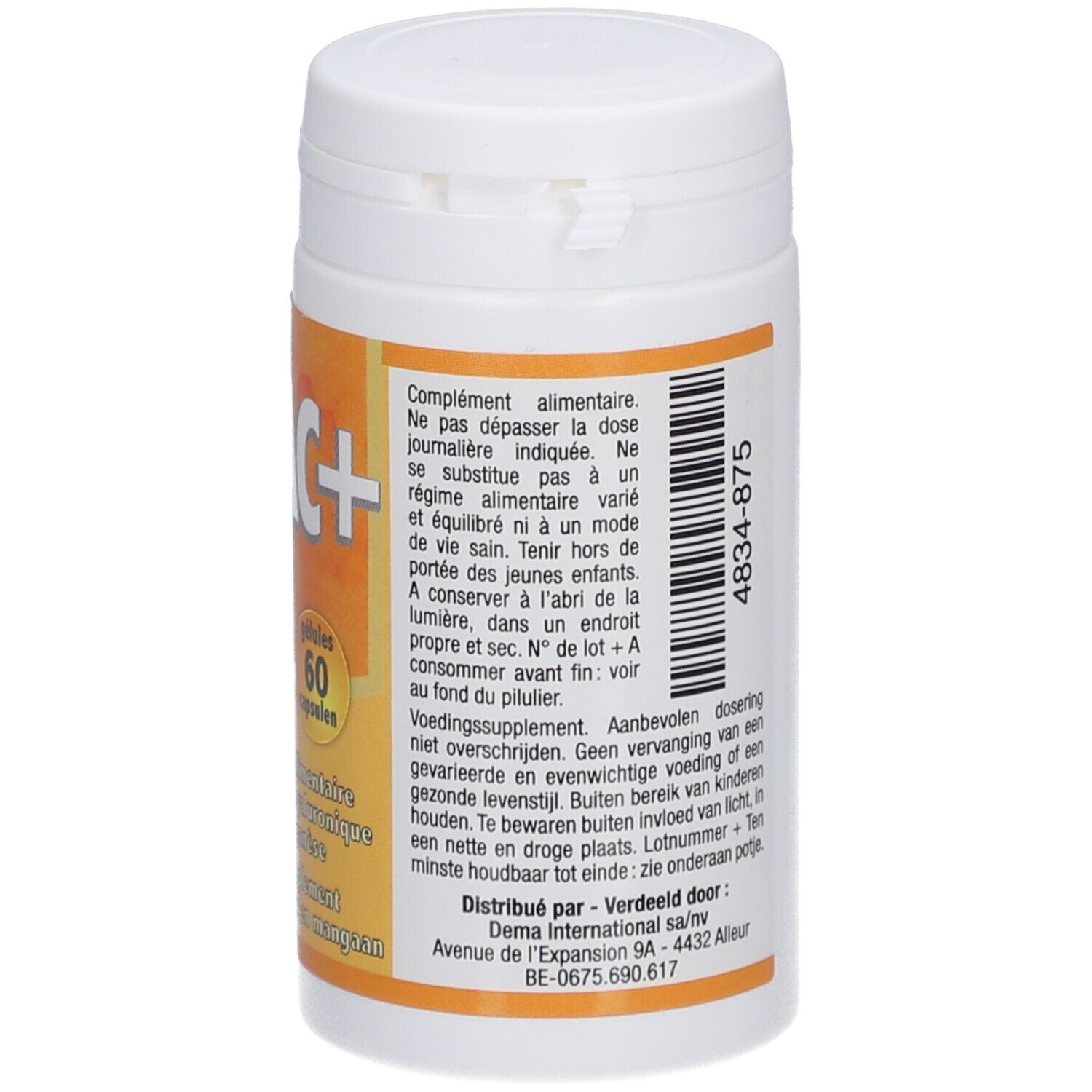 Flacon cylindrique blanc avec couvercle. Contient du texte multilingue, y compris les avertissements et les informations du fabricant.