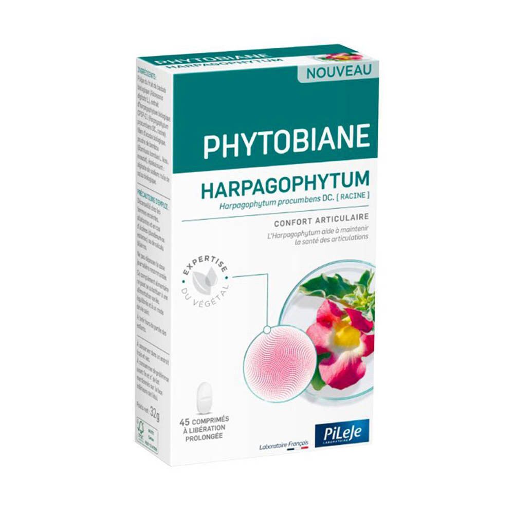 Boîte de Phytobiane Harpagophytum, 45 comprimés. Inscription Nouveau. Visuel avec motif végétal et logo PiLeJe.