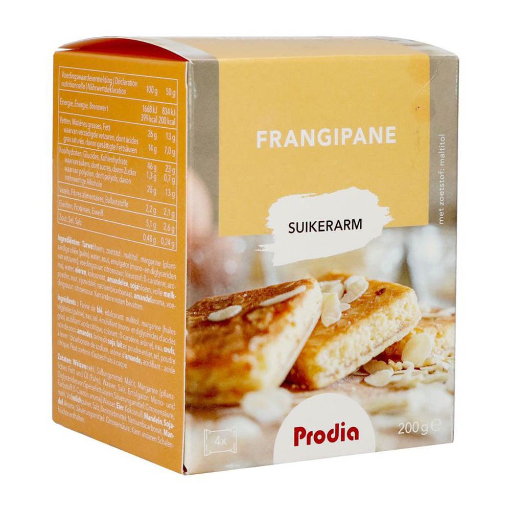 Boîte de Prodia Frangipane Maltitol. Inscription : Frangipane, sans sucre. Morceaux de gâteau avec amandes. 200g.