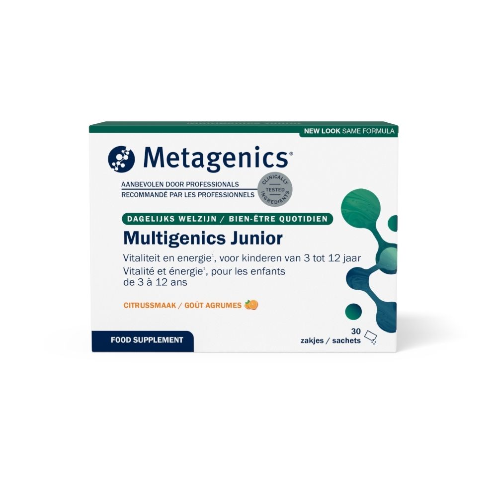 Boîte Multigenics Junior. Contient des multivitamines et minéraux pour enfants. 30 sachets. Logo Metagenics.