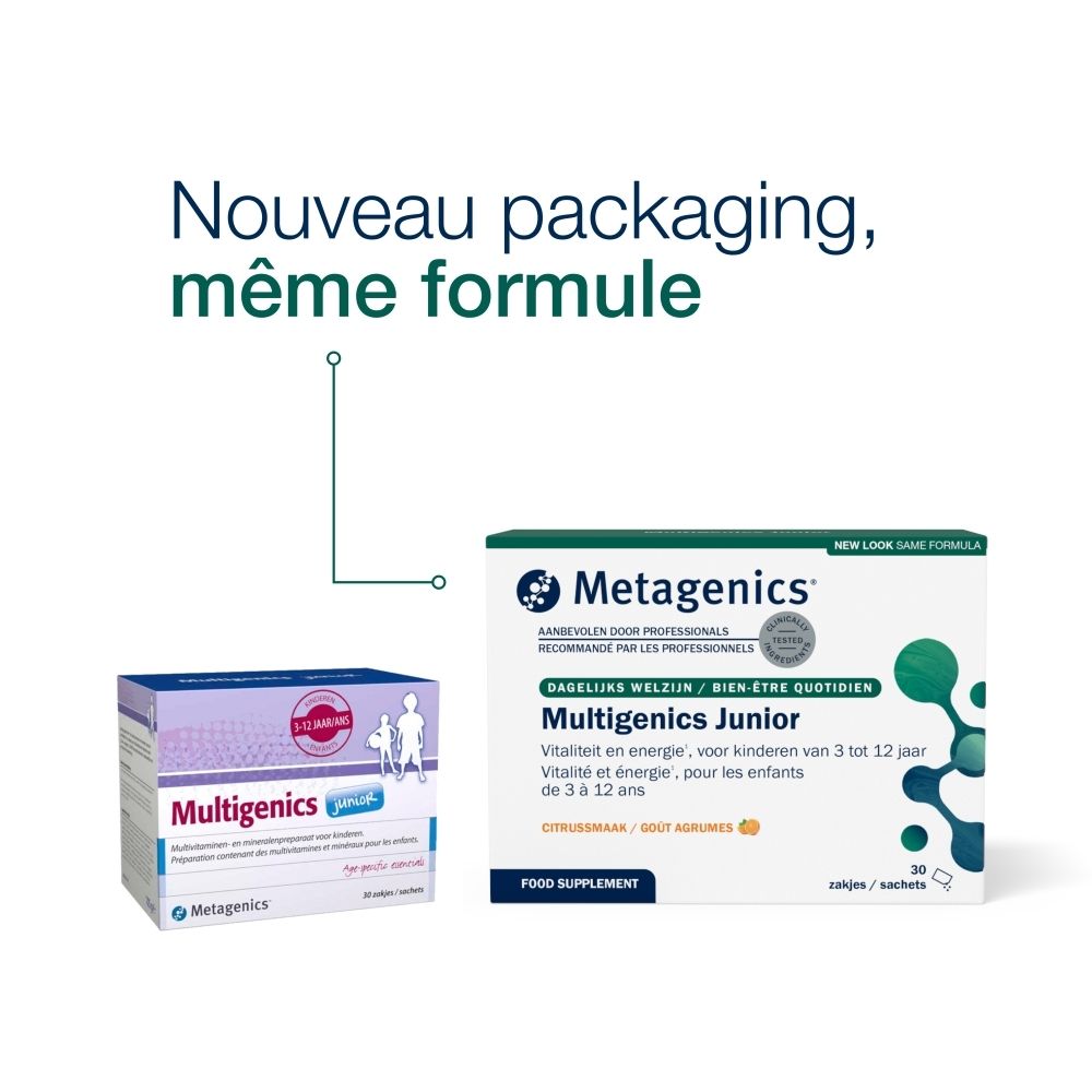 Boîte Multigenics Junior. Contient des multivitamines et minéraux pour enfants. 30 sachets. Logo Metagenics.