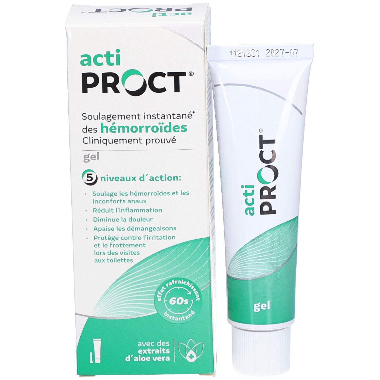 Boîte et tube acti PROCT gel. Texte: 5 niveaux d'action.
