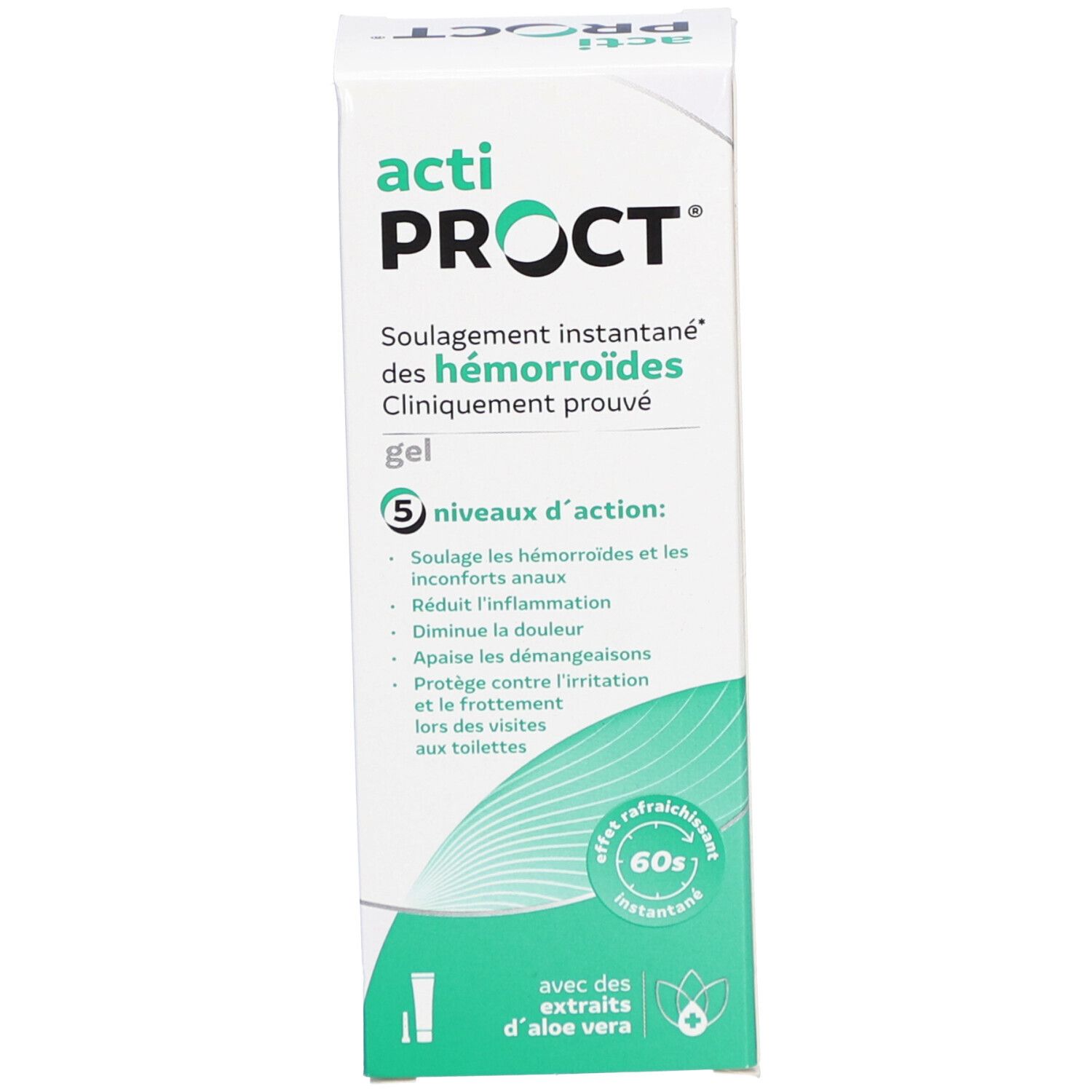 Boîte blanche avec texte: acti PROCT gel. 5 niveaux d'action.