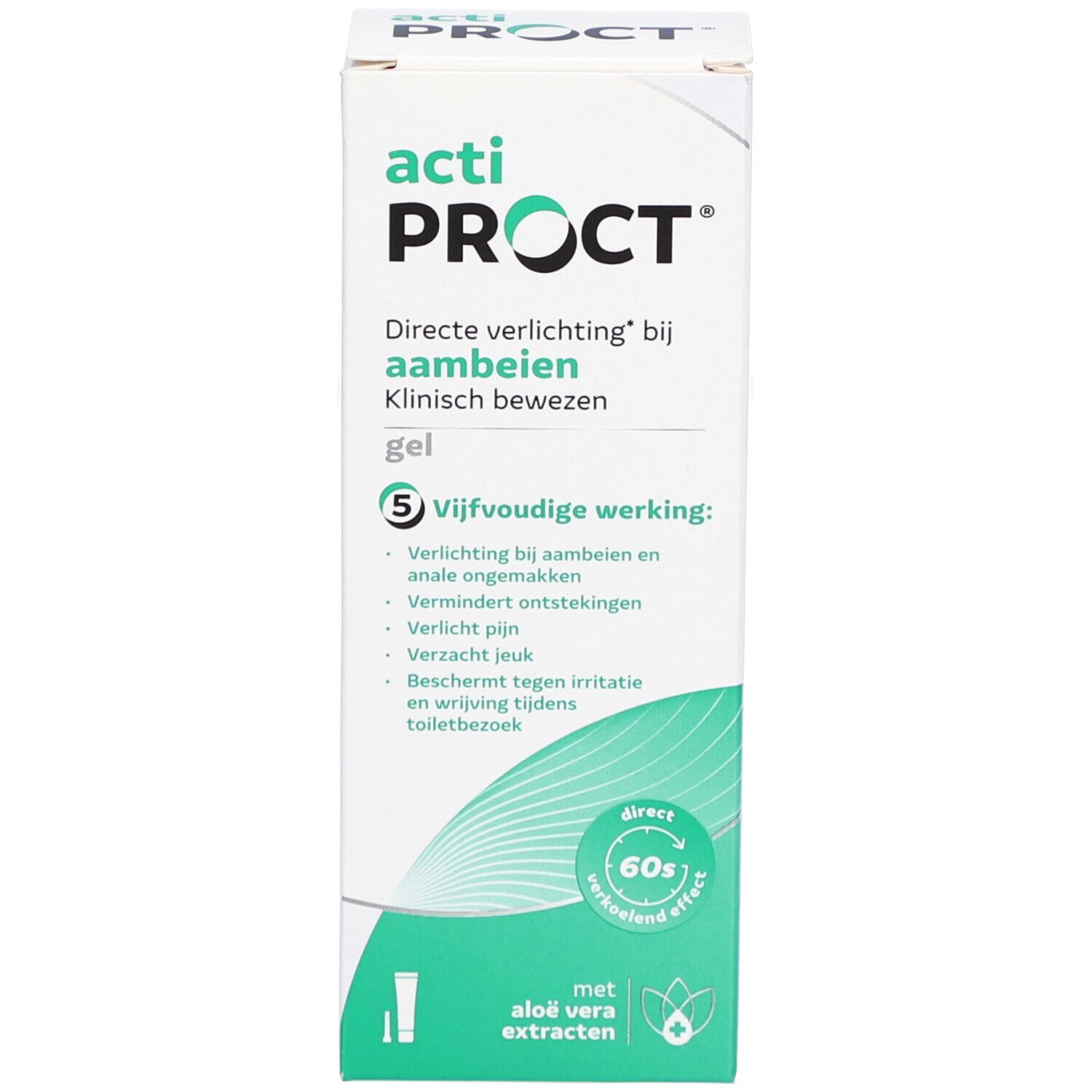 Boîte blanche avec texte: acti PROCT gel. 5 niveaux d'action.