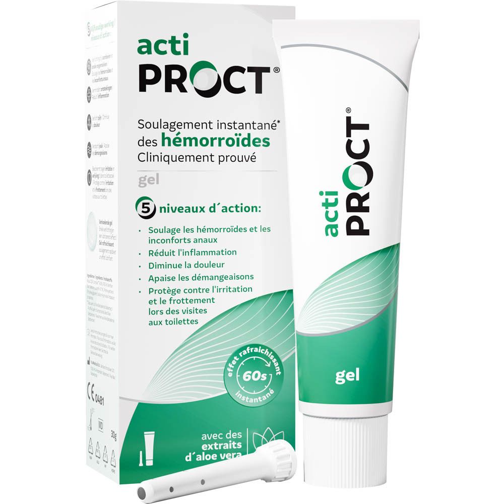 Tube acti PROCT gel. Texte français: 5 niveaux d'action.