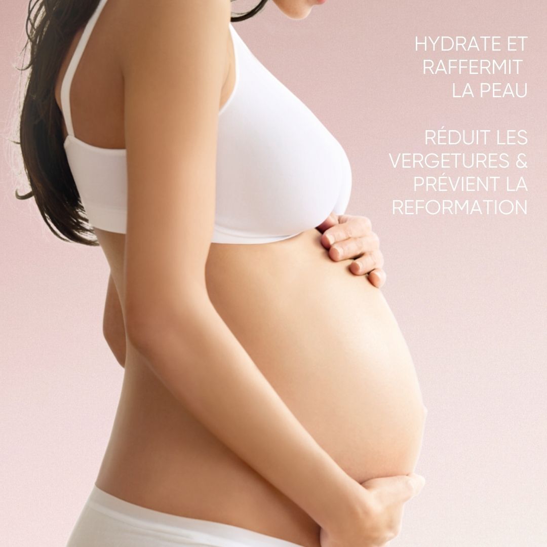 Femme enceinte. Texte: Hydrate et raffermit la peau, Réduit les vergetures & prévient la reformation.