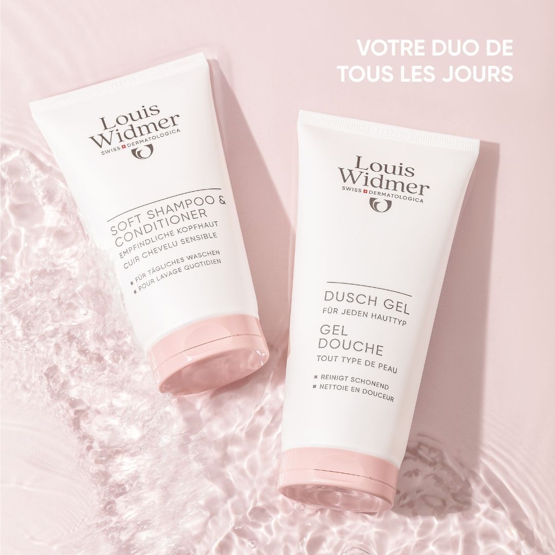 Deux tubes. Louis Widmer Soft Shampoo & Conditioner et Gel Douche. Inscription: Pour cuir chevelu sensible.