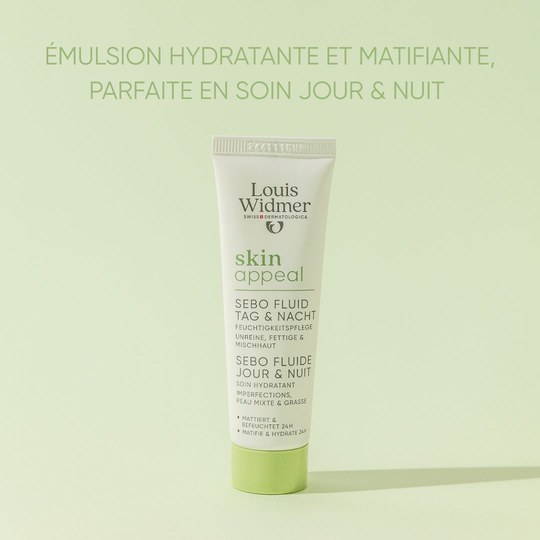 Emballage. Inscription: Louis Widmer, skin appeal, Sebo Fluide Jour & Nuit.