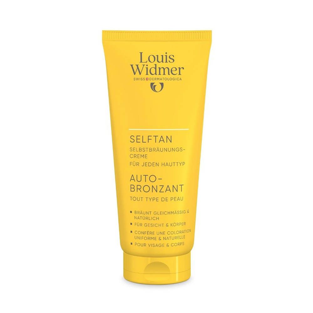 Tube jaune "Louis Widmer". "Selftan" pour tous types de peau. Auto-Bronzant.