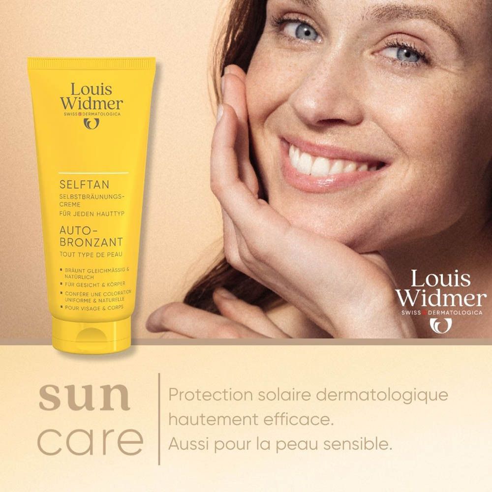 Femme avec peau bronzée. Tube jaune "Louis Widmer" avec "Selftan". Suncare.