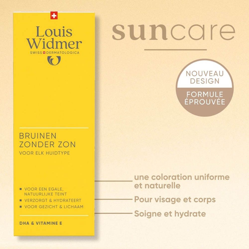 Boîte jaune "Louis Widmer". "Bruinen zonder zon" pour tous types de peau. Suncare.