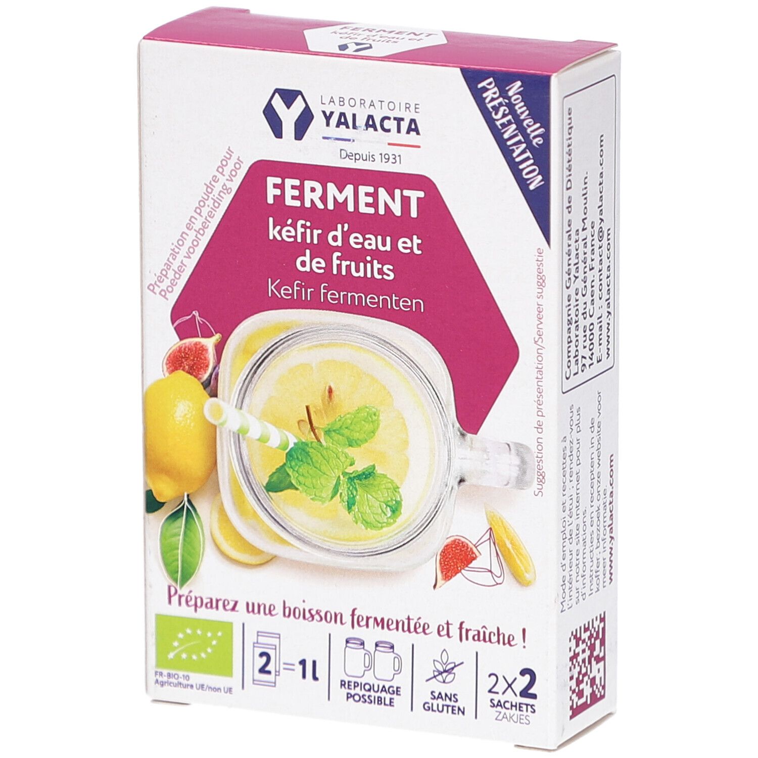 Boîte en carton avec illustration du produit. Inscription: FERMENT kéfir d'eau et de fruits. Illustration d'une boisson avec citron et menthe.