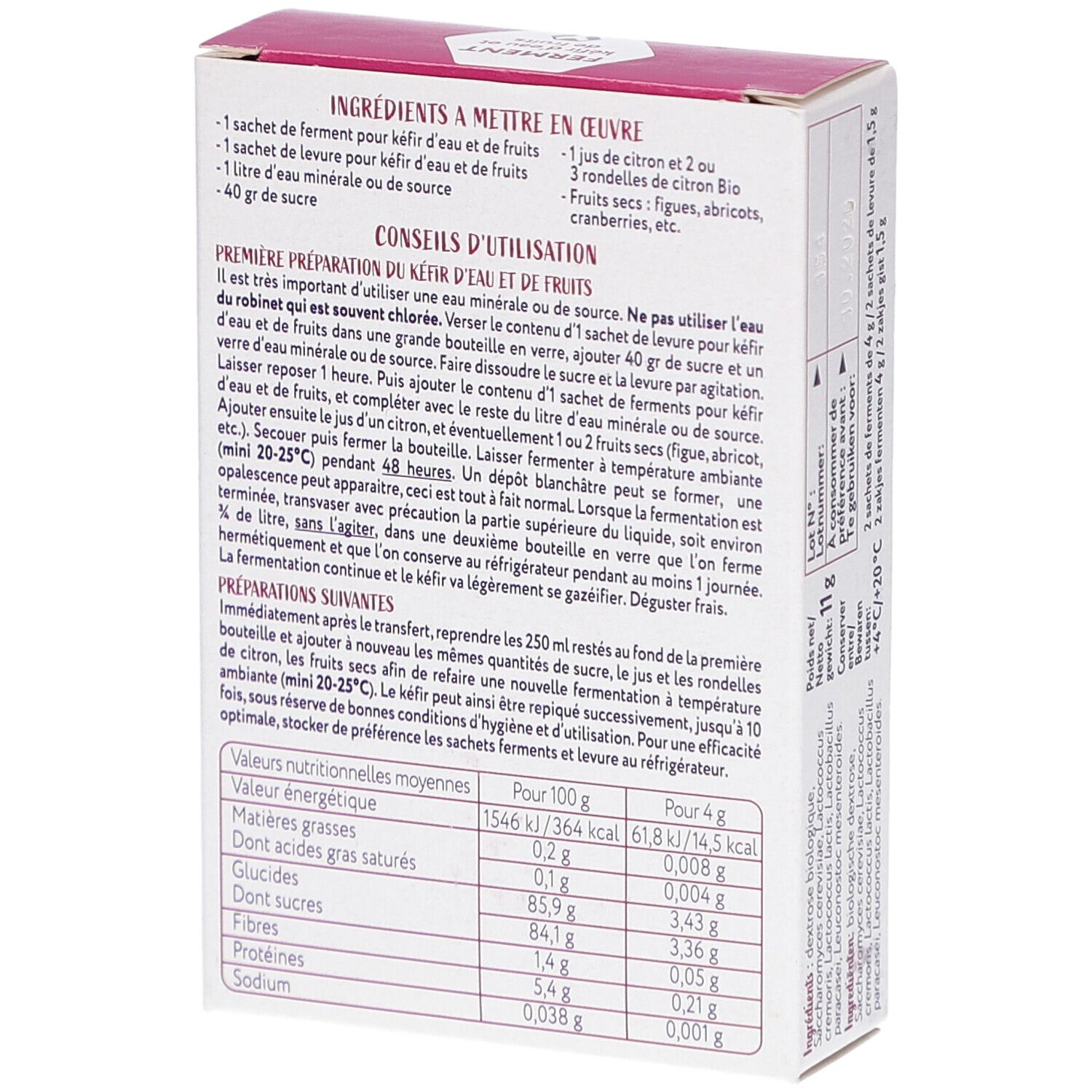 Dos de la boîte en carton. Contient des instructions de préparation et des informations nutritionnelles. Texte en français.