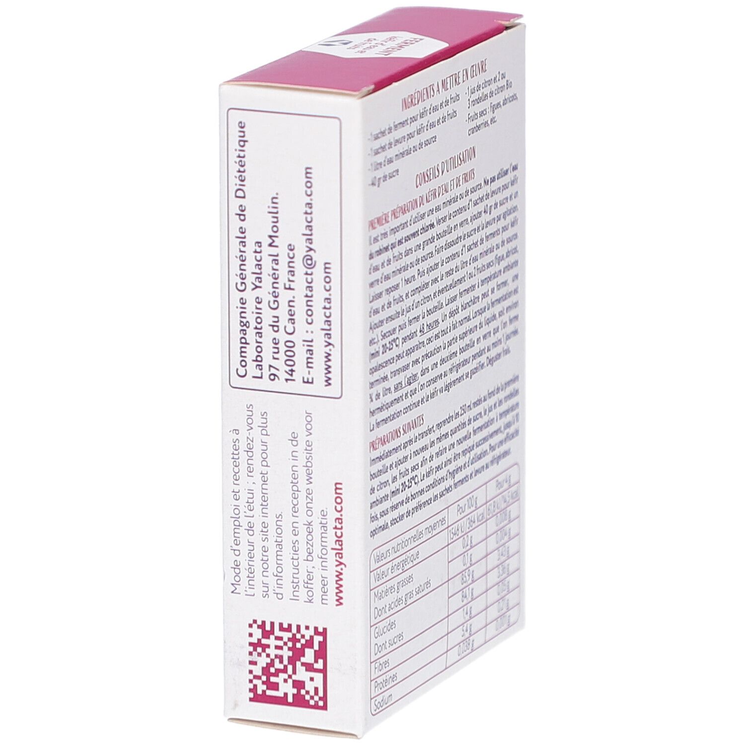 Côté de la boîte en carton avec coordonnées et QR code. Texte en français.