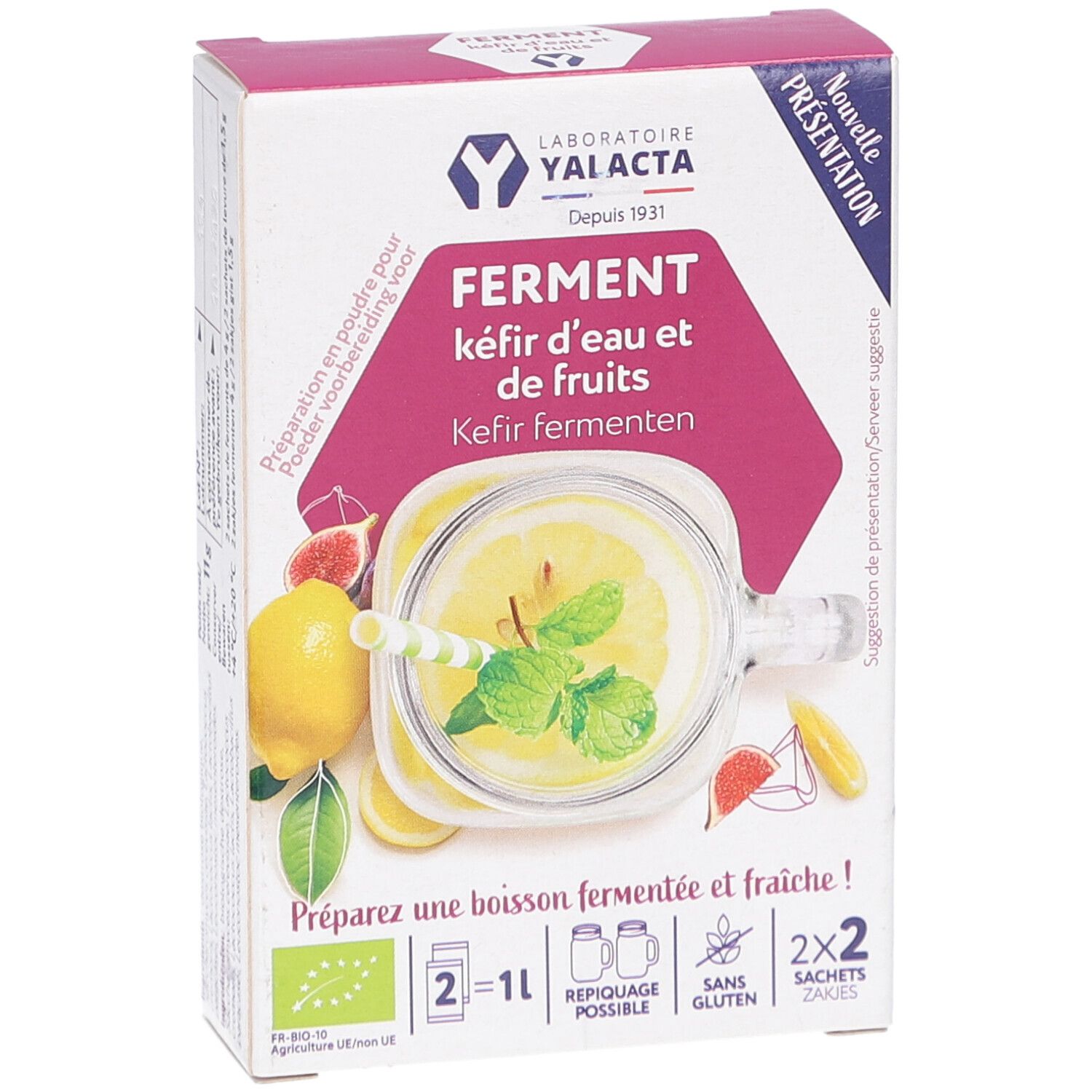 Boîte en carton avec illustration du produit. Inscription: FERMENT kéfir d'eau et de fruits. Illustration d'une boisson avec citron et menthe.