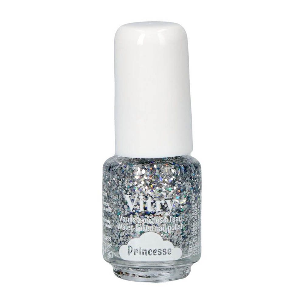 Flacon de vernis à ongles pailleté argenté. L'étiquette indique "Vitry" et "Princesse".