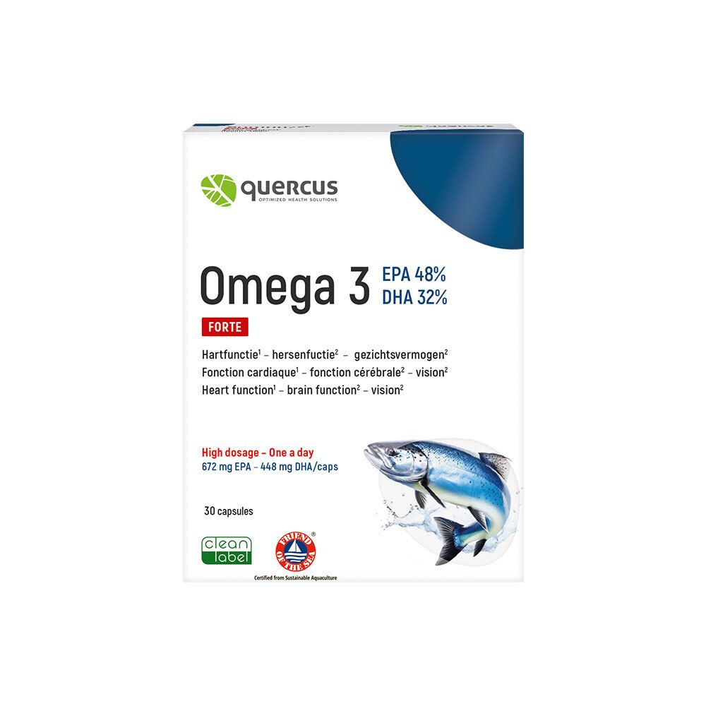 Boîte Quercus Omega 3 Forte. 30 capsules. EPA 48%, DHA 32%. Illustration de poisson et label Clean Label.
